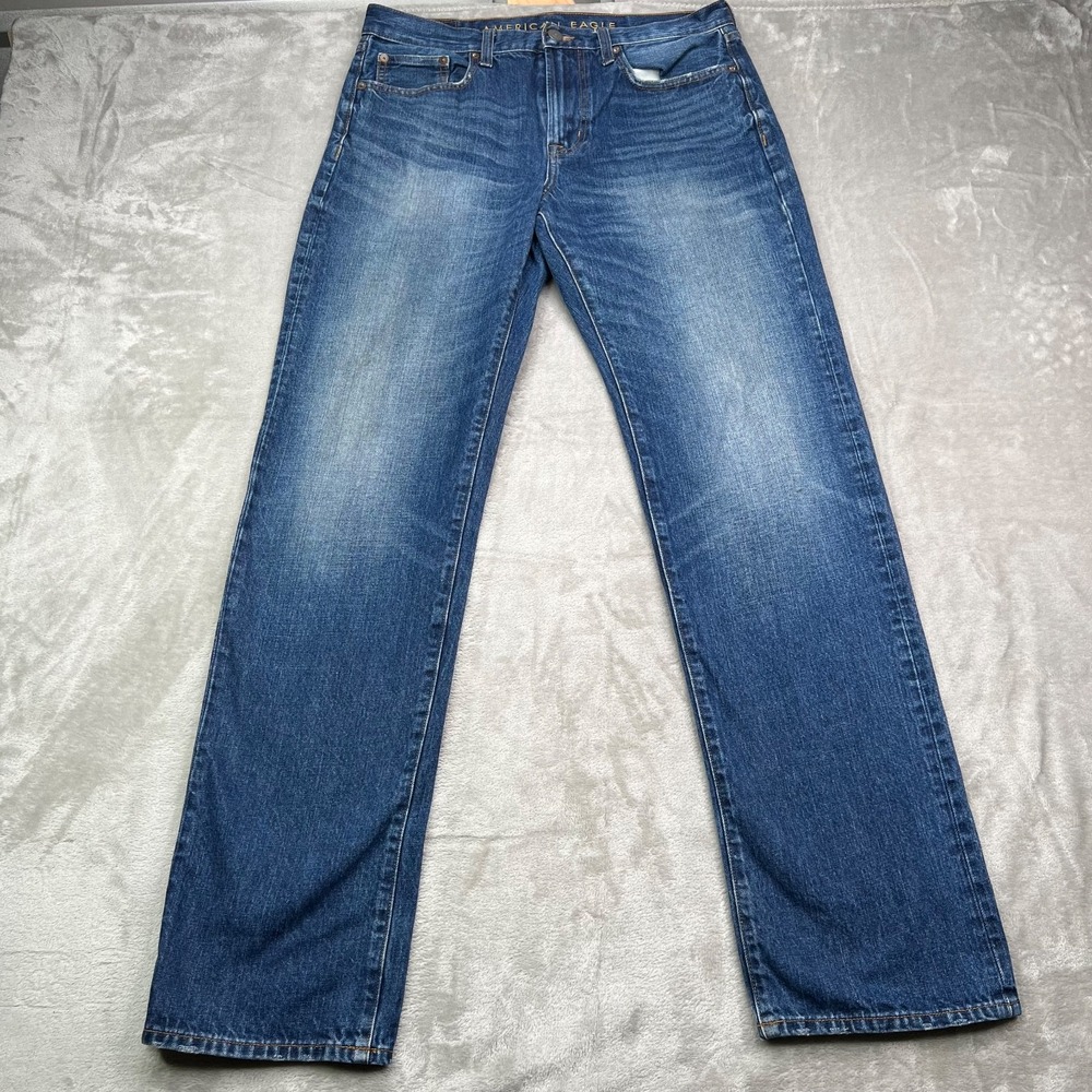 American Eagle Jeans Mens 32x36 Blue Relaxed Straight Leg Dark Wash Faded Denim‎